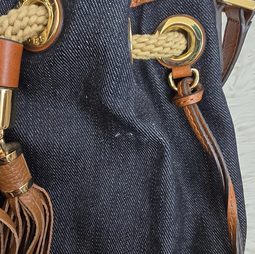Michael Kors Blue Denim Designer Hobi Handbag With Brown Leather Tassels
